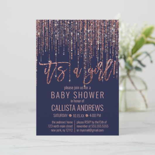 Meisje Navy Roos Gouden Glitter Fringe Baby shower Kaart (Staand voorkant)