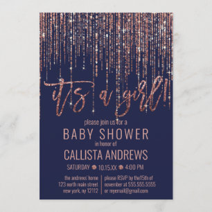 Meisje Navy Roos Gouden Glitter Fringe Baby shower Kaart