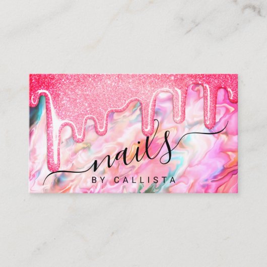 Meisje Neon Coral Pearl Opal Glitter Drips Nagels Visitekaartje (Voorkant)