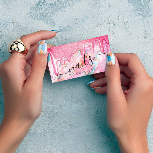 Meisje Neon Coral Pearl Opal Glitter Drips Nagels Visitekaartje