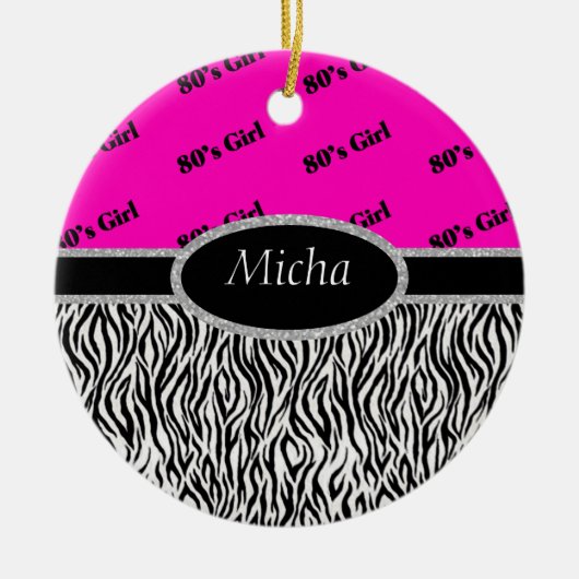 Meisje Neon Pink & Zebra Monogram 80 Keramisch Ornament (Voorkant)