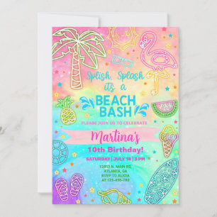 Meisje neon strand bash verjaardag zomer uitnodigi kaart
