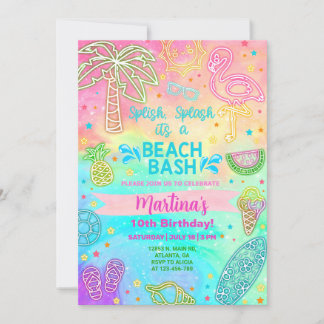 Meisje neon strand bash verjaardag zomer uitnodigi kaart