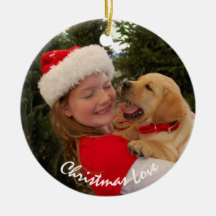 Meisje & nieuwe puppy voor Kerstmis Keramisch Ornament
