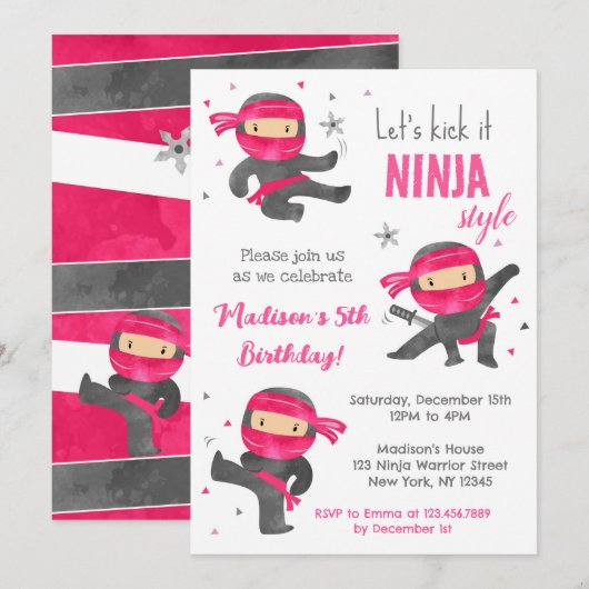 Meisje Ninja Karate Verjaardagsfeestuitnodigingen Kaart (Voorkant / Achterkant)