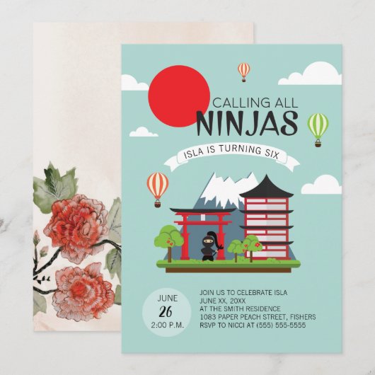 Meisje Ninja Verjaardag Uitnodiging - Japans (Voorkant / Achterkant)