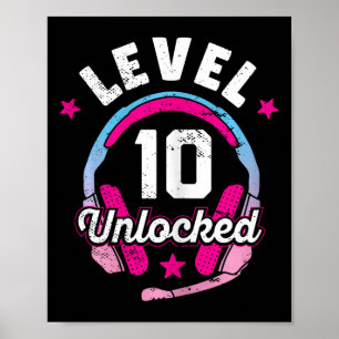 Meisje Niveau 10 Ontgrendeld Videospel 10e Verjaar Poster