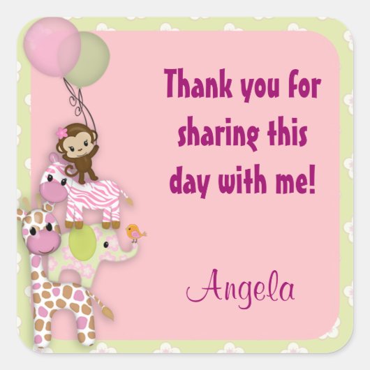 Meisje Oerwoud Safari Dier vierkant sticker roze J (Voorkant)