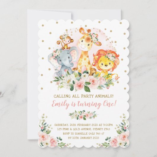 Meisje Oerwoud Safari Dieren Wild Een 1e Verjaarda Kaart (Voorkant)