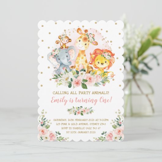 Meisje Oerwoud Safari Dieren Wild Een 1e Verjaarda Kaart (Staand voorkant)