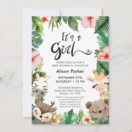 Meisje Oerwoud Safari Tropisch groen Baby shower Kaart (Voorkant)