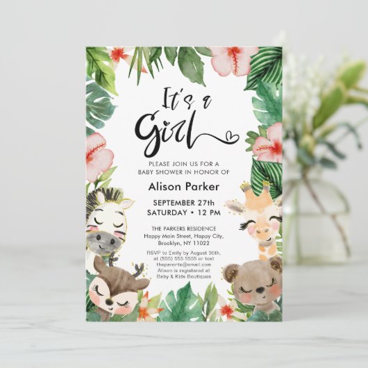 Meisje Oerwoud Safari Tropisch groen Baby shower Kaart (Staand voorkant)