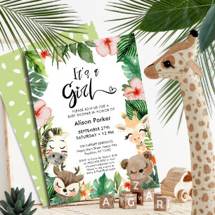 Meisje Oerwoud Safari Tropisch groen Baby shower Kaart