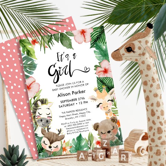 Meisje Oerwoud Safari Tropisch groen Baby shower Kaart