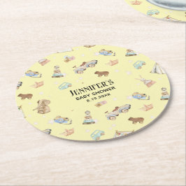 Meisje of Jongen Baby shower,  speelgoed, Geel Ronde Kartonnen Onderzetter