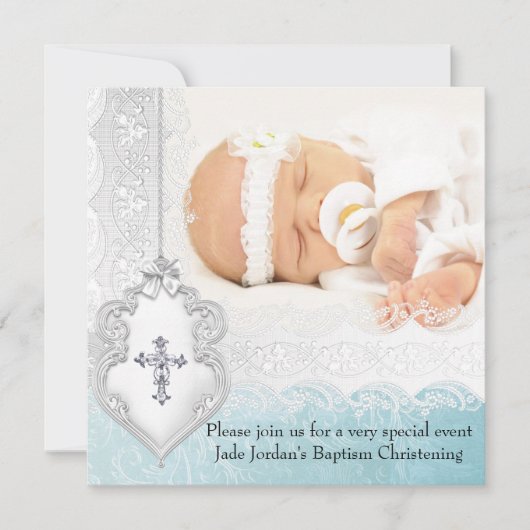 Meisje of Jongen Baptisme Blauwgroen Witte kant Fo Kaart (Voorkant)