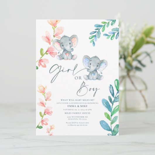 Meisje of Jongen Elephant Gender onthulling Uitnod Kaart (Staand voorkant)