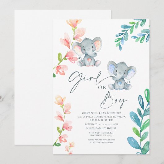 Meisje of Jongen Elephant Gender onthulling Uitnod Kaart (Voorkant / Achterkant)
