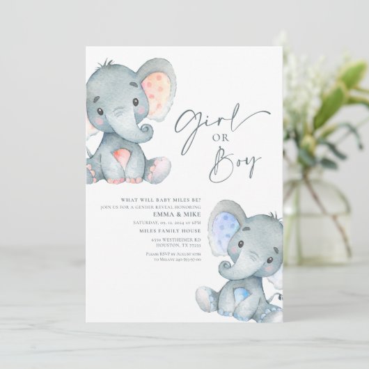 Meisje of Jongen Elephant Gender onthulling Uitnod Kaart (Staand voorkant)