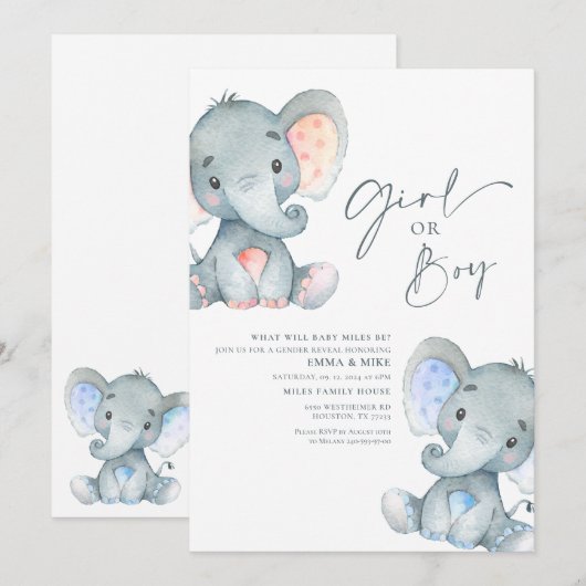 Meisje of Jongen Elephant Gender onthulling Uitnod Kaart (Voorkant / Achterkant)