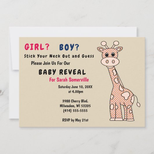 Meisje of Jongen Giraffe Baby Onthullen Feestuitno Kaart (Voorkant)