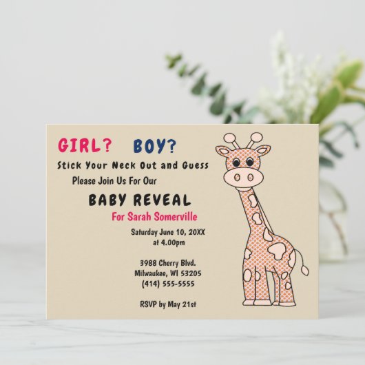 Meisje of Jongen Giraffe Baby Onthullen Feestuitno Kaart (Staand voorkant)