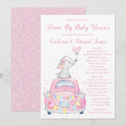 Meisje olifant auto rijden met Baby shower Kaart (Voorkant / Achterkant)