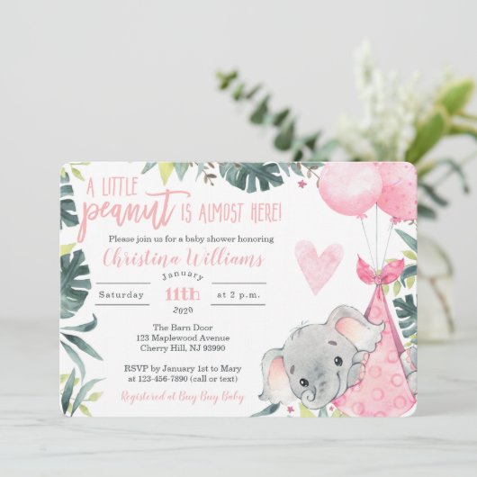 Meisje Olifant Baby Douche Uitnodigingen (Staand voorkant)