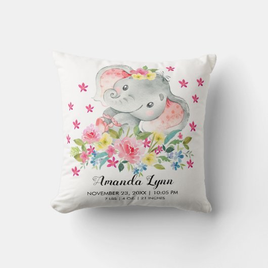 MEISJE Olifant Baby Geboorte Stats Kussen (Voorkant)