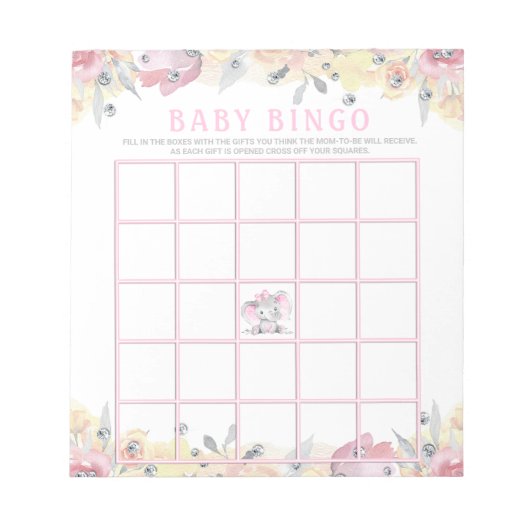 Meisje Olifant Baby shower Bingo spel Kaarten Notitieblok (Voorkant)