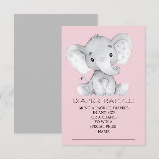 Meisje Olifant Baby shower Luier Raffle Ticket Informatiekaartje (Voorkant / Achterkant)
