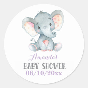 Meisje Olifant Baby Shower Paars en Grijs Ronde Sticker