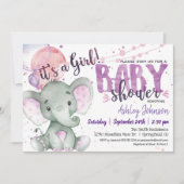Meisje Olifant Baby Shower Paars, Lavendel Kaart (Voorkant)