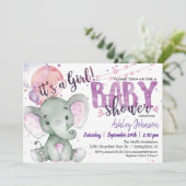 Meisje Olifant Baby Shower Paars, Lavendel Kaart (Staand voorkant)