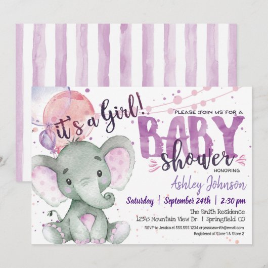Meisje Olifant Baby Shower Paars, Lavendel Kaart (Voorkant / Achterkant)