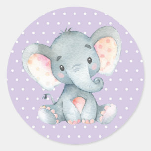 Meisje Olifant Baby Shower Paars Ronde Sticker