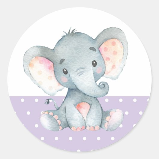 Meisje Olifant Baby Shower Paars Ronde Sticker (Voorkant)