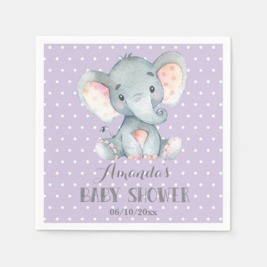 Meisje Olifant Baby shower Paarse en Grijze Servet (Voorkant)
