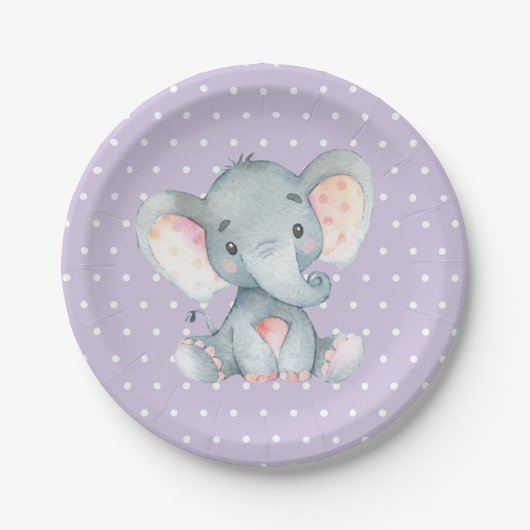 Meisje Olifant Baby shower Paarse Papier Bord (Voorkant)