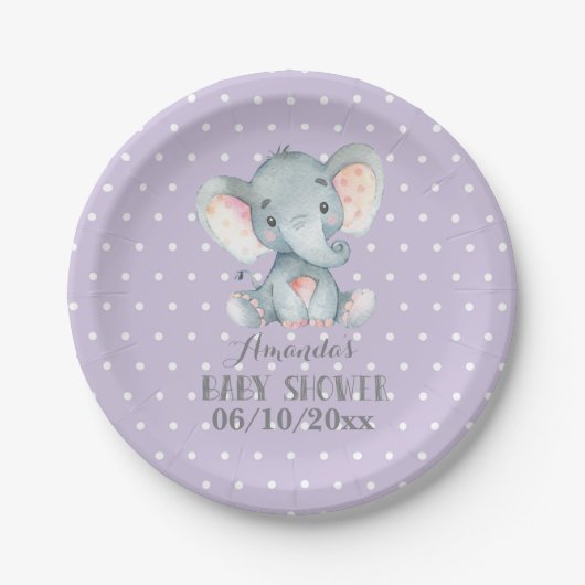 Meisje Olifant Baby shower Paarse Papier Bord (Voorkant)