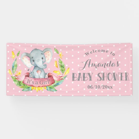 Meisje Olifant Baby shower Roze en Grijs Banner (Horizontaal)