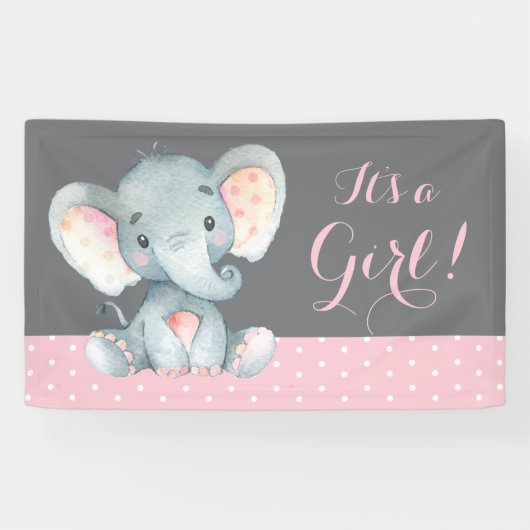 Meisje Olifant Baby shower Roze en Grijs Banner (Horizontaal)