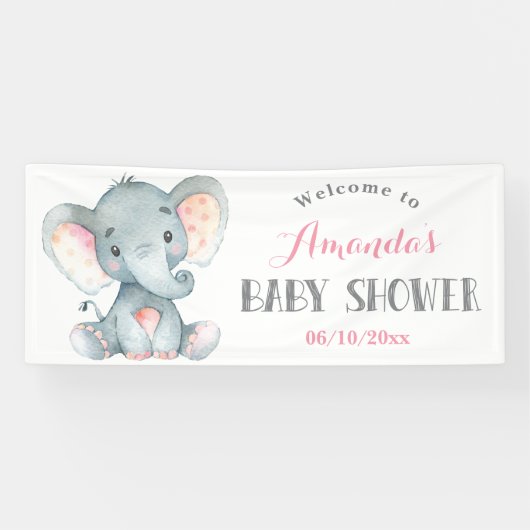 Meisje Olifant Baby shower Roze en Grijs Banner (Horizontaal)