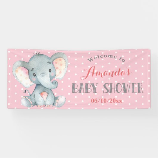 Meisje Olifant Baby shower Roze en Grijs Banner (Horizontaal)