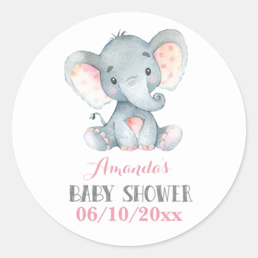 Meisje Olifant Baby Shower Roze en Grijs Ronde Sticker (Voorkant)