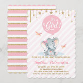 Meisje Olifant Baby shower Roze Gouden Ster Uitnod Kaart (Voorkant / Achterkant)
