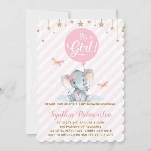 Meisje Olifant Baby shower Roze Gouden Ster Uitnod Kaart (Voorkant)