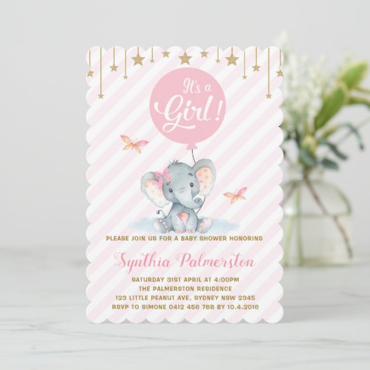 Meisje Olifant Baby shower Roze Gouden Ster Uitnod Kaart (Staand voorkant)