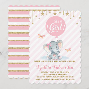 Meisje Olifant Baby shower Roze Gouden Ster Uitnod Kaart
