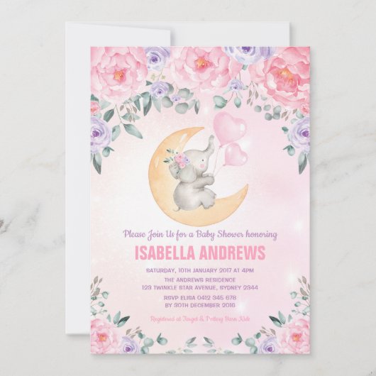 Meisje Olifant Baby shower / Roze Paarse Bloemen Kaart (Voorkant)